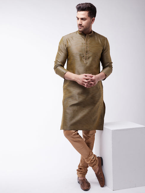 Vastramay Men's Black And Rose Gold Silk Blend Kurta With Churidar Set